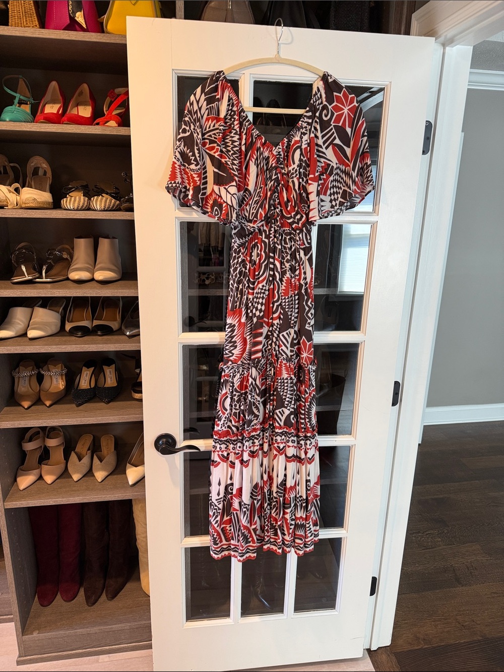 Anthropologie Red, Black and White Abstract V-Neck Tiered Maxi Dress